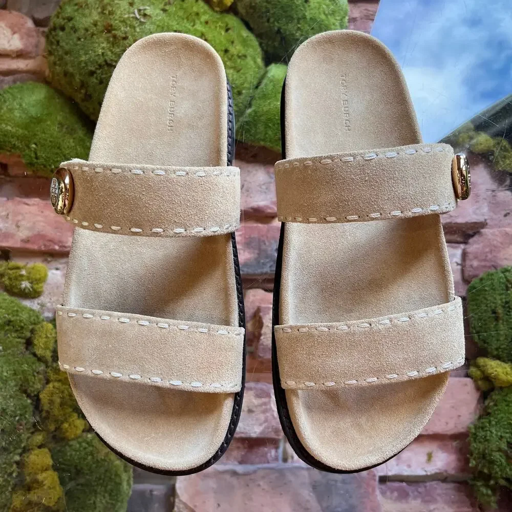 TORY BURCH Romy Sport Beige Suede Slides SZ 10
